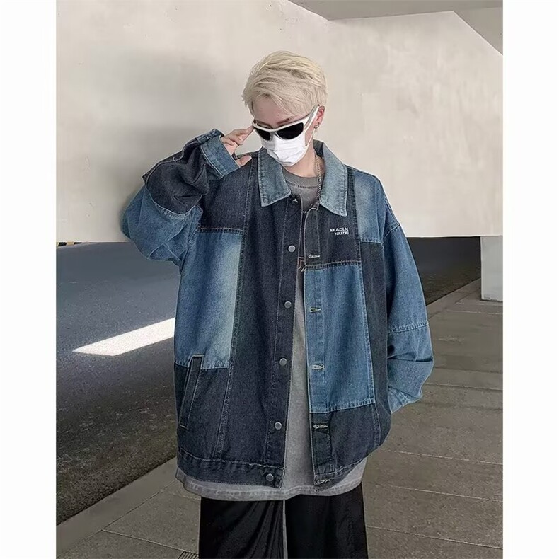 拼接牛仔夹克秋季新款美式潮牌复古休闲男外套潮流JY8085-P43图片