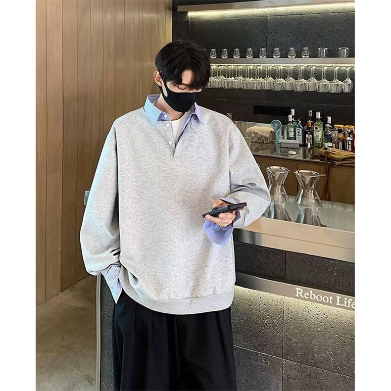 抖音得物高品质26春装美式高街假两件衬衫领长袖卫衣POLO领打底衫图片