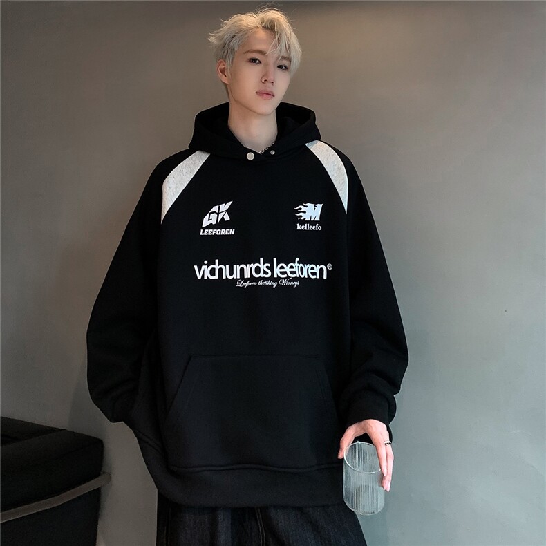 美式复古印花解构拼接连帽卫衣男女宽松百搭帽衫W91-P78,男装卫衣,电商C307