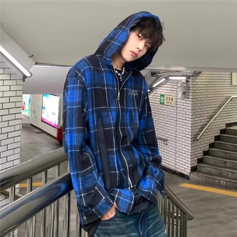C300-P53 男女同款设计感连帽格子衬衫春秋做旧衬衣宽松小众图片