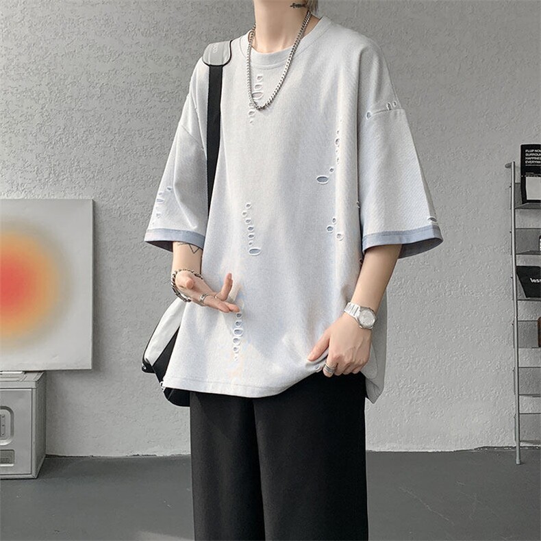 T10137-特批33  控68 开口笑高品质夏季大码短袖破洞潮流百搭T恤图片
