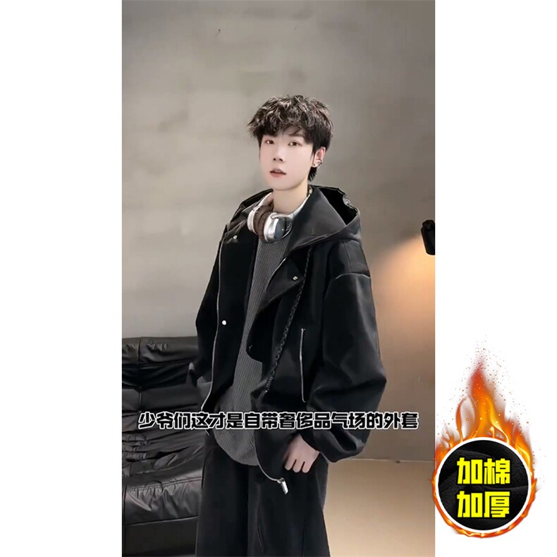 现货高品质美式高街重磅座山雕连帽pu皮棉衣男女加厚毛毛绒冬外套，男装皮衣，电商A443