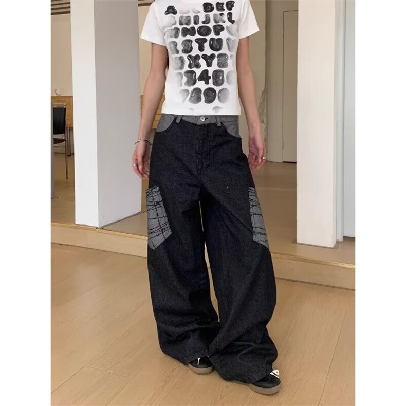 1506-1/KB3901/P52复古水洗拼接撞色口袋牛仔裤显瘦直筒阔腿裤男,男装牛仔裤,星座1506-1