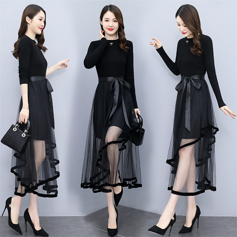 现货2022春秋打底季新款收腰显瘦法式针织拼接网纱打底连衣裙女，女装连衣裙，韩然一族