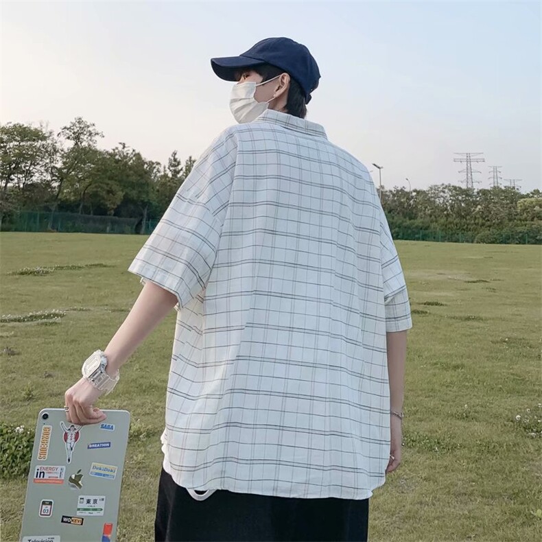 短袖衬衫男潮牌格子衬衣夏季宽松休闲痞帅港风半袖上衣CS661-P30,男装衬衫,星座1008