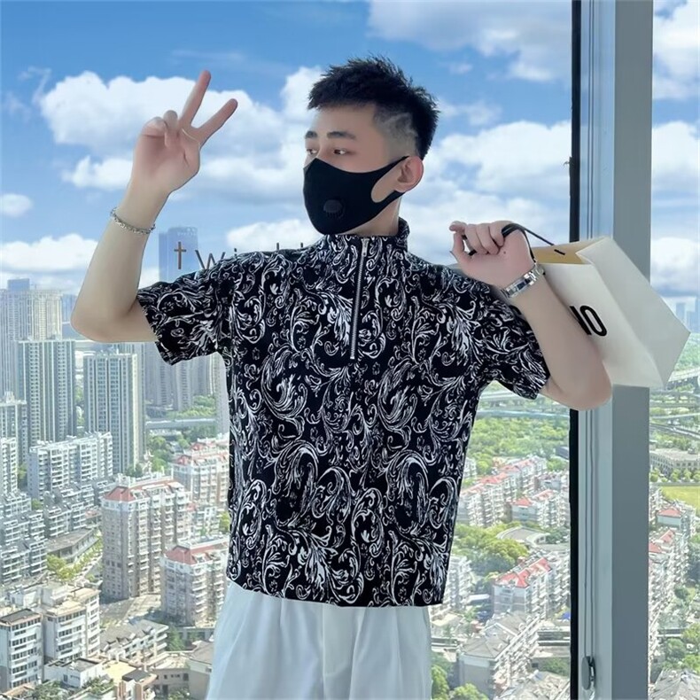 半高领男士短袖t恤痞帅高级感夏季帅气半拉链半袖polo衫T235,男装T恤,星座1116A-2（原606A-1）