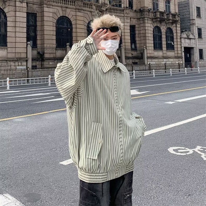春秋新款外套复古竖条纹夹克潮牌休闲街头男女宽松上衣8411P62,男装夹克,星座410-2