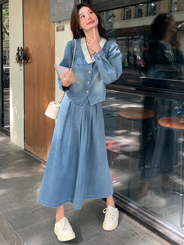 法式蕾丝花边拼接牛仔套装裙女2025春季新款气质温柔风百搭两件套,女装套装/套裙,浙宝305