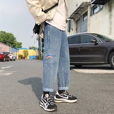 20港风新款彩虹印花牛仔裤男宽松九分裤中性风长裤504-K2058-P50，男装休闲裤，星座504