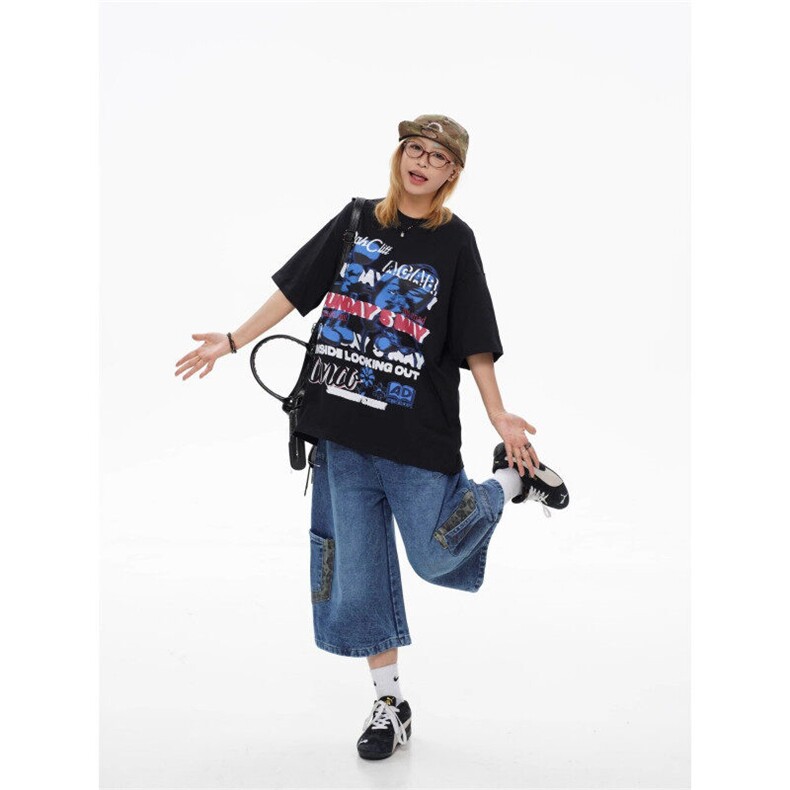 有货高质量美式复古豹纹拼接牛仔裤男女宽松时尚直筒阔腿七分裤潮,男装牛仔裤,星座410-7