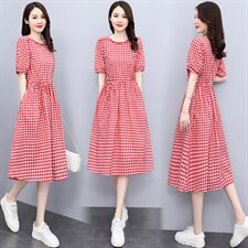 棉麻连衣裙女装2022夏季新款收腰显瘦女神范拼接短袖棉麻夏天裙子，女装连衣裙，香水丽阁