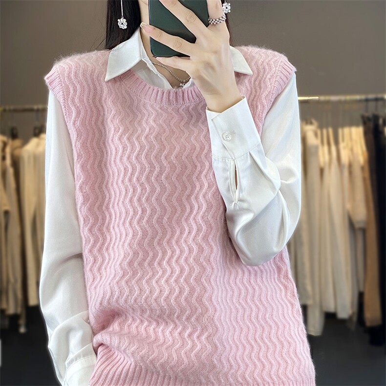 【进口珠片纱】100纯山圆领亮片宽松加厚无袖马甲背心，女装马甲，德晨羊绒