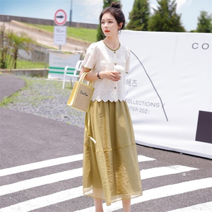 2022夏装新款全棉提花撞色舒适短袖上衣百搭纱裙两件套女士套装图片
