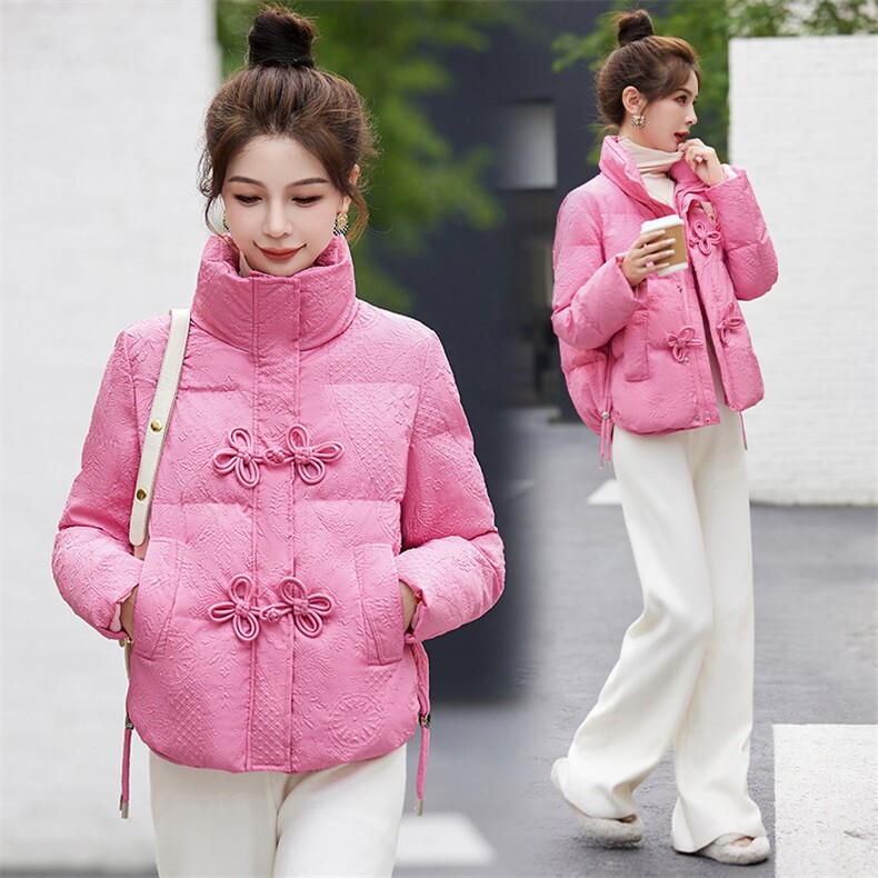 红色盘扣羽绒棉服女短款2025冬季新款小个子时尚气质小款棉袄外套,女装棉衣/棉服,尚娜萱