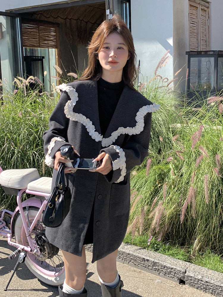 2025春季新款蕾丝气质海军领灰色小西装外套女中长款宽松休闲西服,女装短外套,韩蜜菓