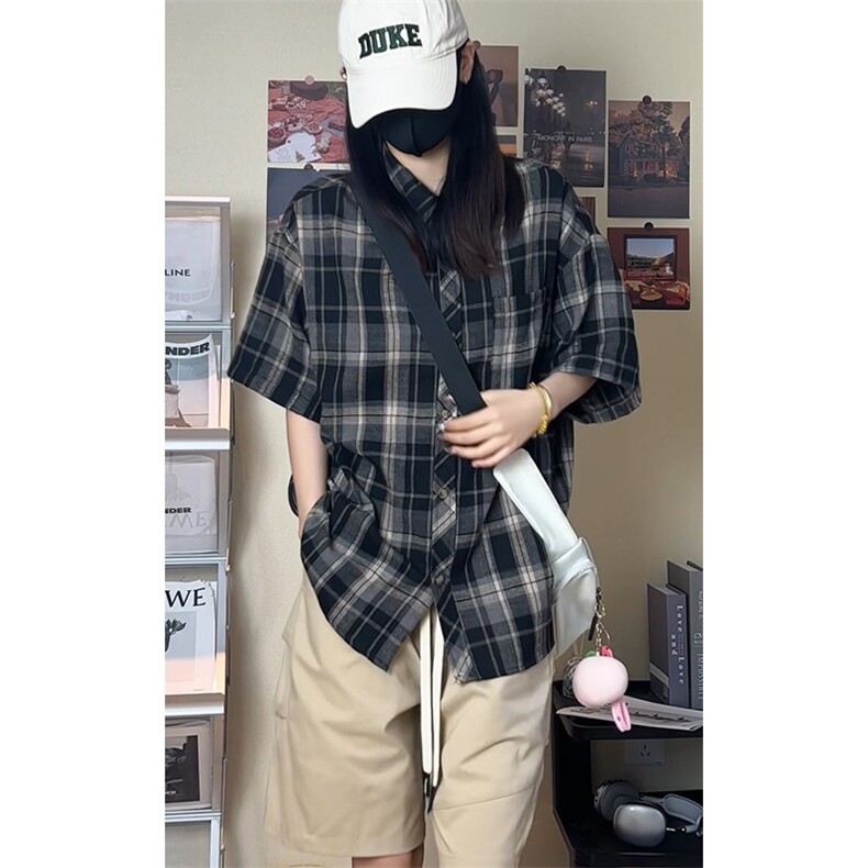 韩版潮流复古格子大码翻领短袖衬衫内搭外套DC2223-P24【特价】,男装T恤,电商A007