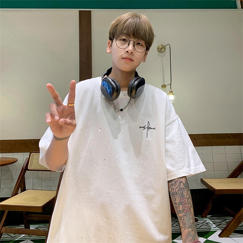 可48小时发货支持抖音得物来样二开美式满天星亮片短袖T恤MTX714,男装T恤,电商A486-1