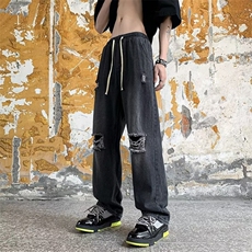 夏季美式vibe风高街破洞水洗黄泥色牛仔裤男女休闲长裤NK1468-P38，男装牛仔裤，星座1008-1