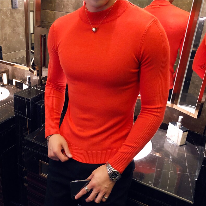 M07/p45半高领毛衣男 秋冬休闲纯色修身长袖中领针织打底衫线衣图片