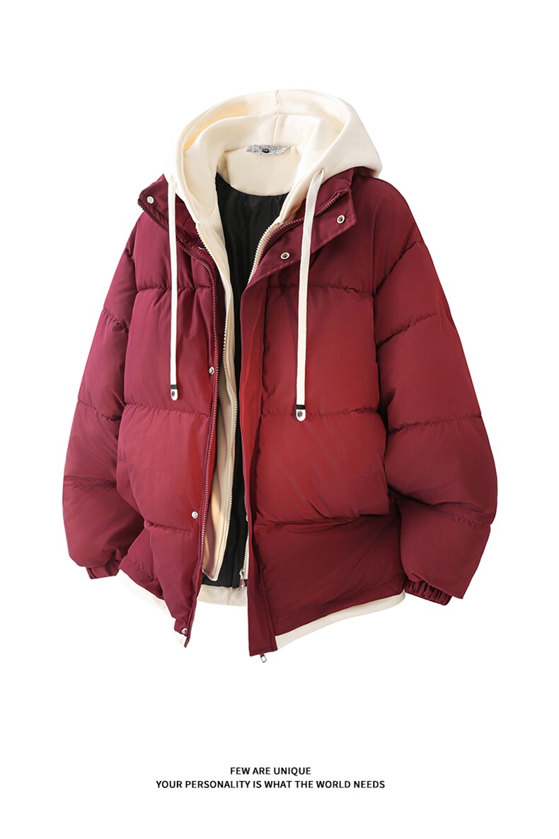 冬季撞色连帽假两件棉服情侣款保暖棉衣男女D4134-TP75不,男装棉衣,电商A102