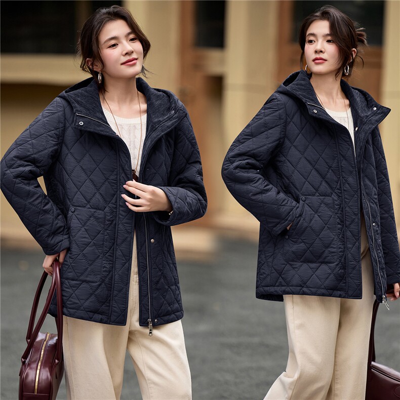 2025年冬季中长款连帽夹棉菱格棉衣棉服外套,女装棉衣/棉服,简韵佳