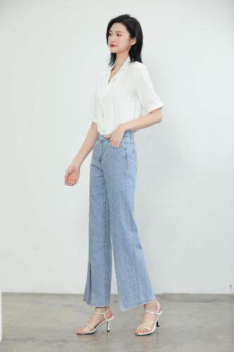开叉牛仔直筒裤，女装，哈真
