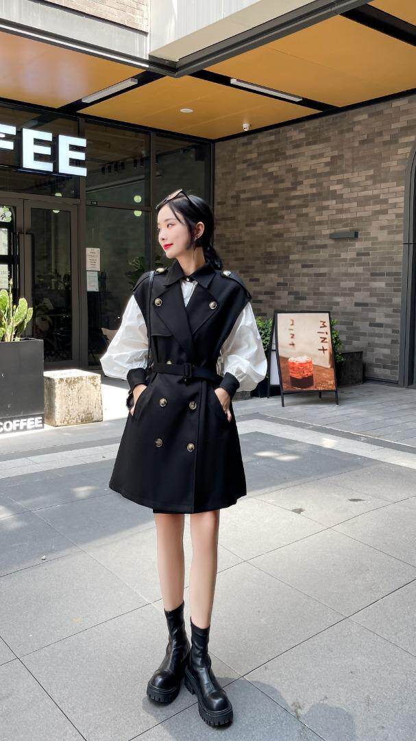 韩版泡泡袖衬衫风衣背心裙两件套，女装衬衫，Balance Studio