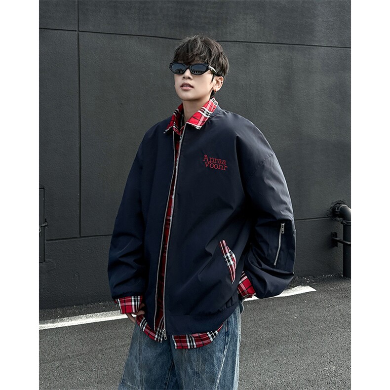 复古格子假两件设计感夹棉外套棒球服外套宽松型男棉衣MY6626-p88,男装棉衣,星座302B-2