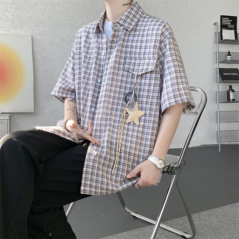 （带配件）CS1151-特批40控78 夏季新款男女格子短袖大码男衬衫图片