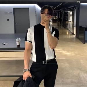 夏季新款拼接翻领短袖polo衫男士半袖针织衫高端弹力修身休闲上衣图片