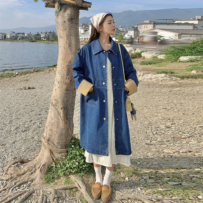 蓝色牛仔风衣外套女2024秋季新款韩版宽松复古撞色休闲中长款大衣,女装风衣,2C305