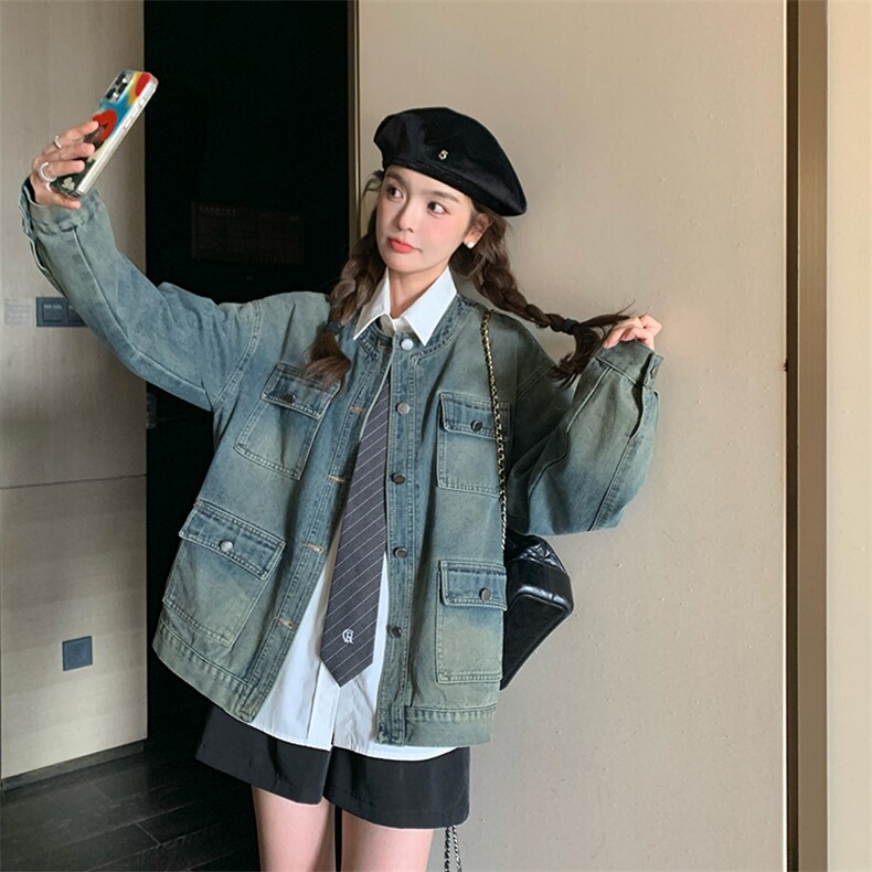 港风复古牛仔外套女2024春秋新款设计感宽松休闲工装圆领夹克上衣，女装牛仔外套，纯色衣恋