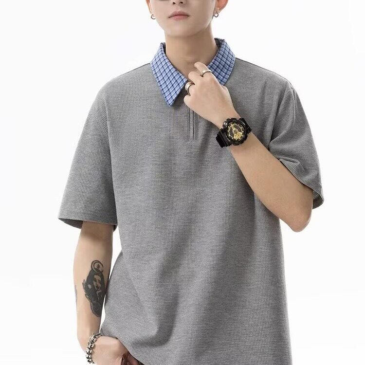 简约撞色格子拼接短袖t恤男女2025夏季新款POLO领上衣A747-P35,男装T恤,星座208-5