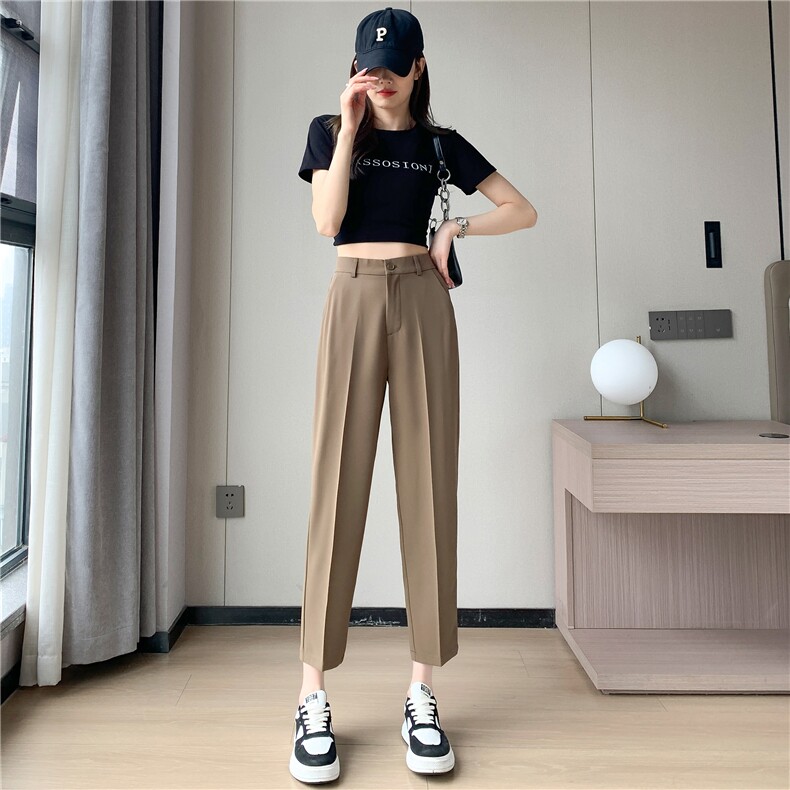 冰丝西装裤女2024夏季直筒宽松高腰显瘦九分小个子休闲烟管裤,女装休闲裤,梦白服饰厂