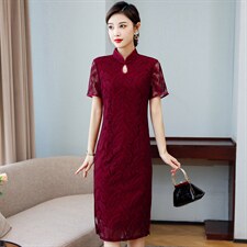 2024春夏季新款设计简约时尚喜庆中长款蕾丝婚礼旗袍连衣裙，女装汉服/婚纱/旗袍/礼服，小荷流