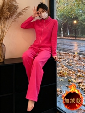 简约时尚休闲套装女秋冬款玫红色拉链开衫长袖外套直筒长裤两件套，女装套装/套裙，江南