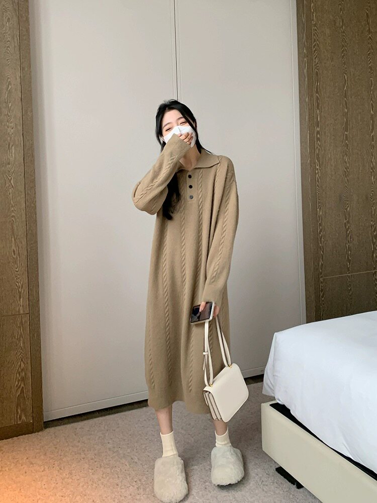 长袖针织连衣裙翻领女宽松百搭纯色羊毛休闲秋冬图片