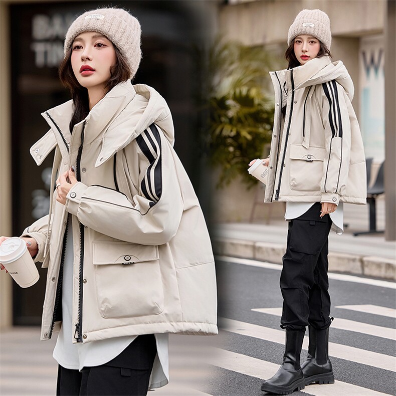 休闲时尚撞色工装派克羽绒服女2024冬新款加厚连帽保暖白鸭绒外套,女装羽绒服,采品优优