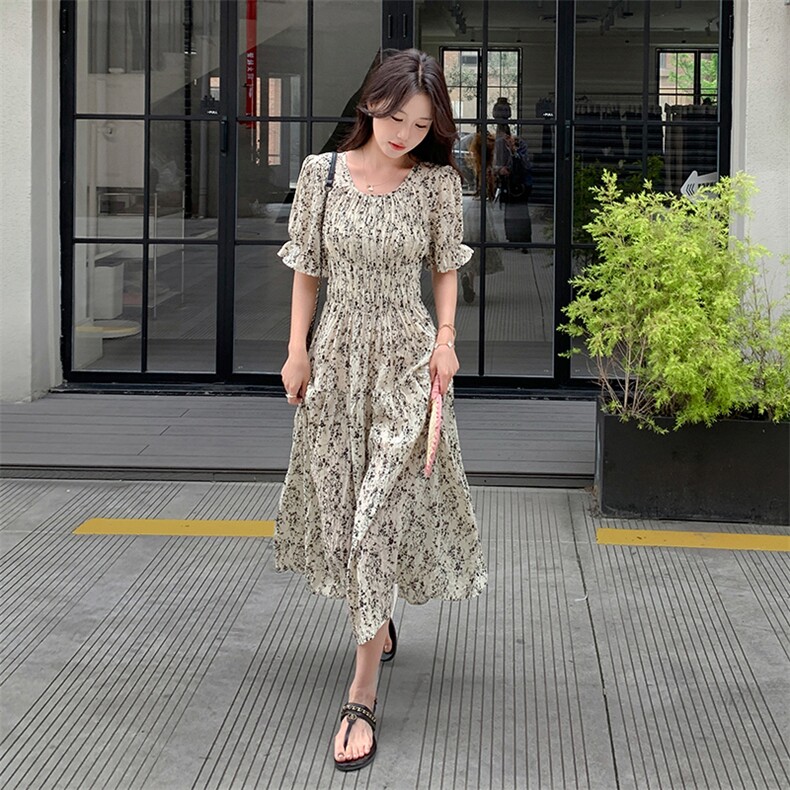 法式甜美茶歇碎花连衣裙女2025夏季新款韩版收腰显瘦温柔风长裙子,女装连衣裙,2C029