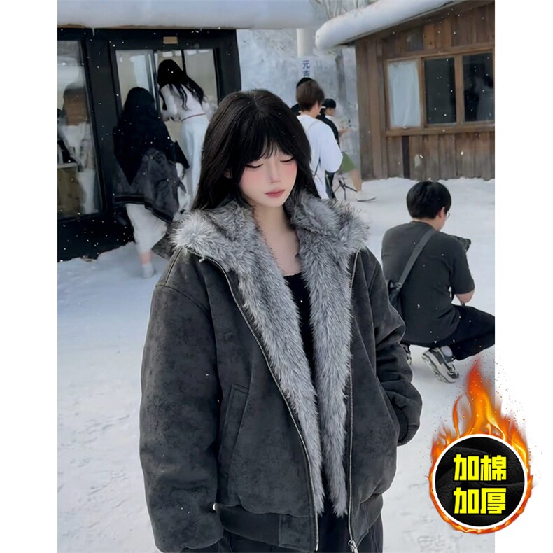 现货高品质美式高街重磅座山雕毛毛领pu皮棉衣男女加厚棉服冬外套图片