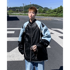 皮夹克男士韩版潮流高街帅拼色美式宽松2024秋冬ins外套W5855-P80，男装夹克，星座412-2