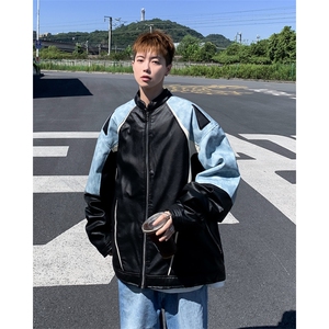 皮夹克男士韩版潮流高街帅拼色美式宽松2024秋冬ins外套W5855-P80图片