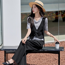 时尚休闲套装女2025春夏新款减龄假两件拼接T恤垂感阔腿裤两件套，女装套装/套裙，韩蔻秀