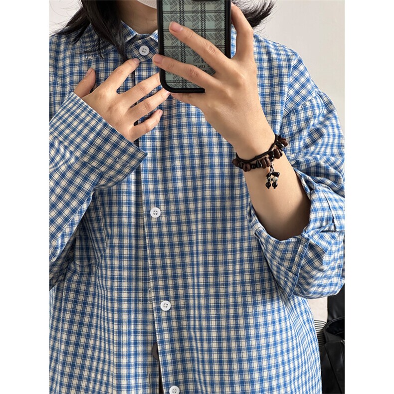 潮流格子衬衫港风情侣装穿搭宽松休闲长袖衬衣CS067-P40,男装衬衫,星座301C-5