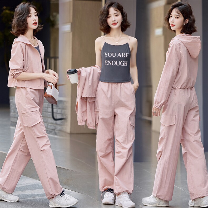 休闲运动连帽套装女2025春秋新款松弛感显瘦外套吊带工装裤三件套，女装套装/套裙，慕依路