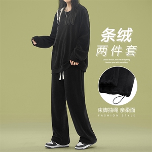美式条绒简约套装纯色柔软重磅两件套卫衣长裤好搭 TZ810-特批92图片