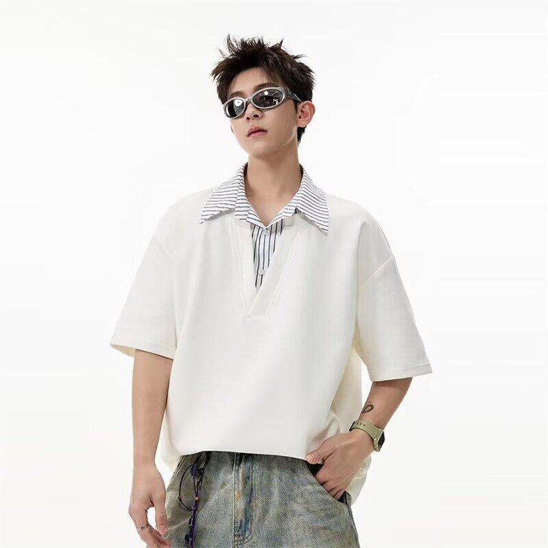 假两件短袖t恤男生夏季港风复古重磅衬衫领潮牌宽松五分袖上衣服,男装T恤,星座1005-4