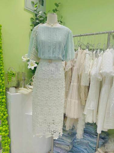 立体蕾丝上衣+花朵蕾丝半裙,女装半身裙,WOOSING