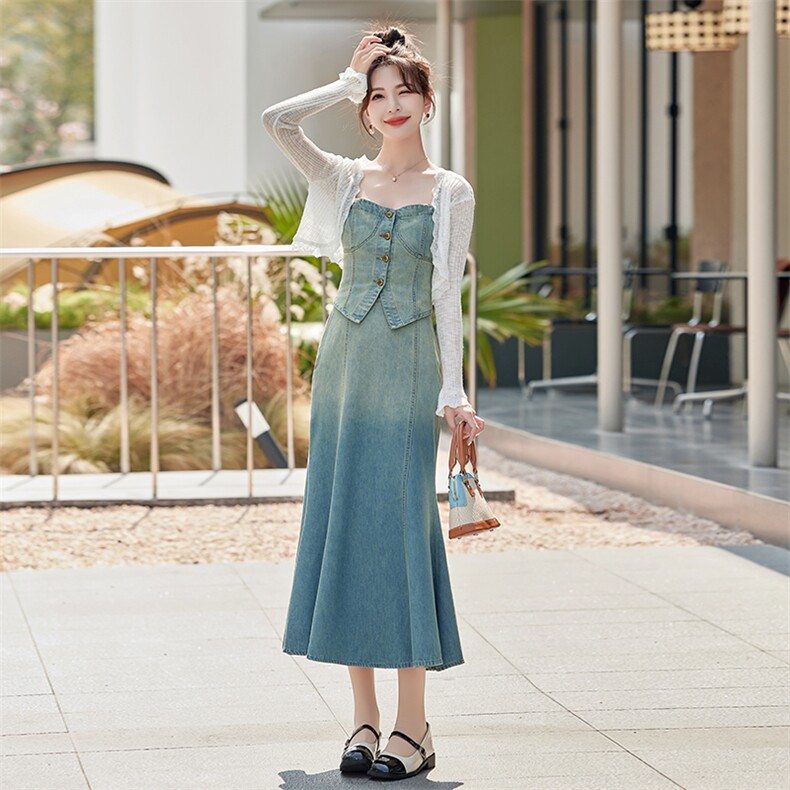 法式套装裙女夏开衫+吊带上衣+渐变牛仔鱼尾半身裙气质显瘦三件套,女装套装/套裙,印象茜