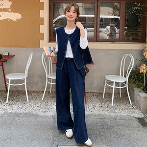 韩系蓝色小香风牛仔套装女2025春季新款时尚休闲马甲阔腿裤两件套图片